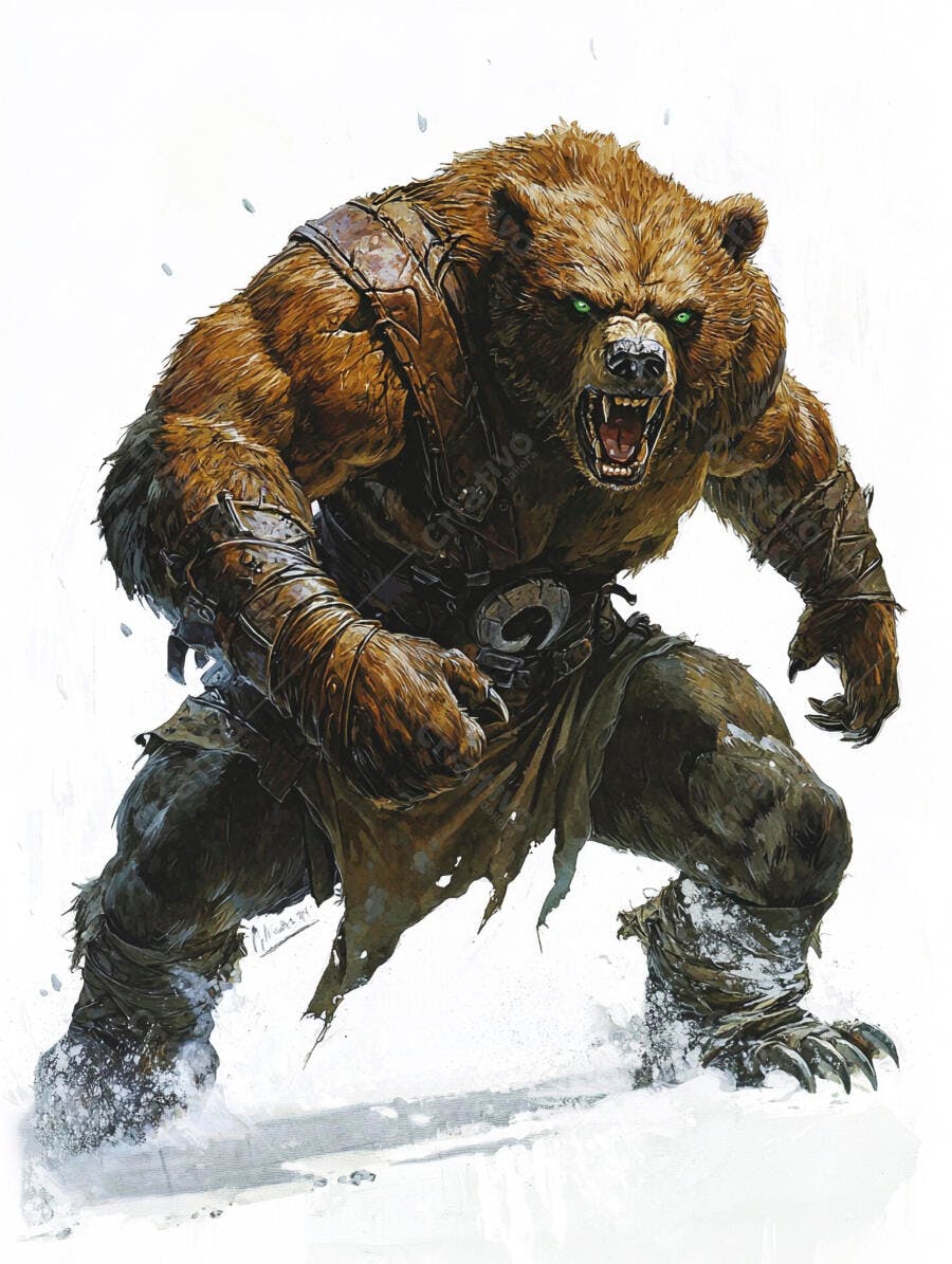 Urso guerreiro furioso com olhos verdes e armadura de couro na neve