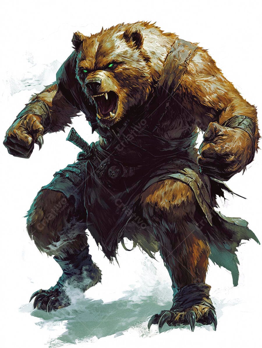 Urso guerreiro rosnando com olhos verdes brilhantes e armadura escura em combate