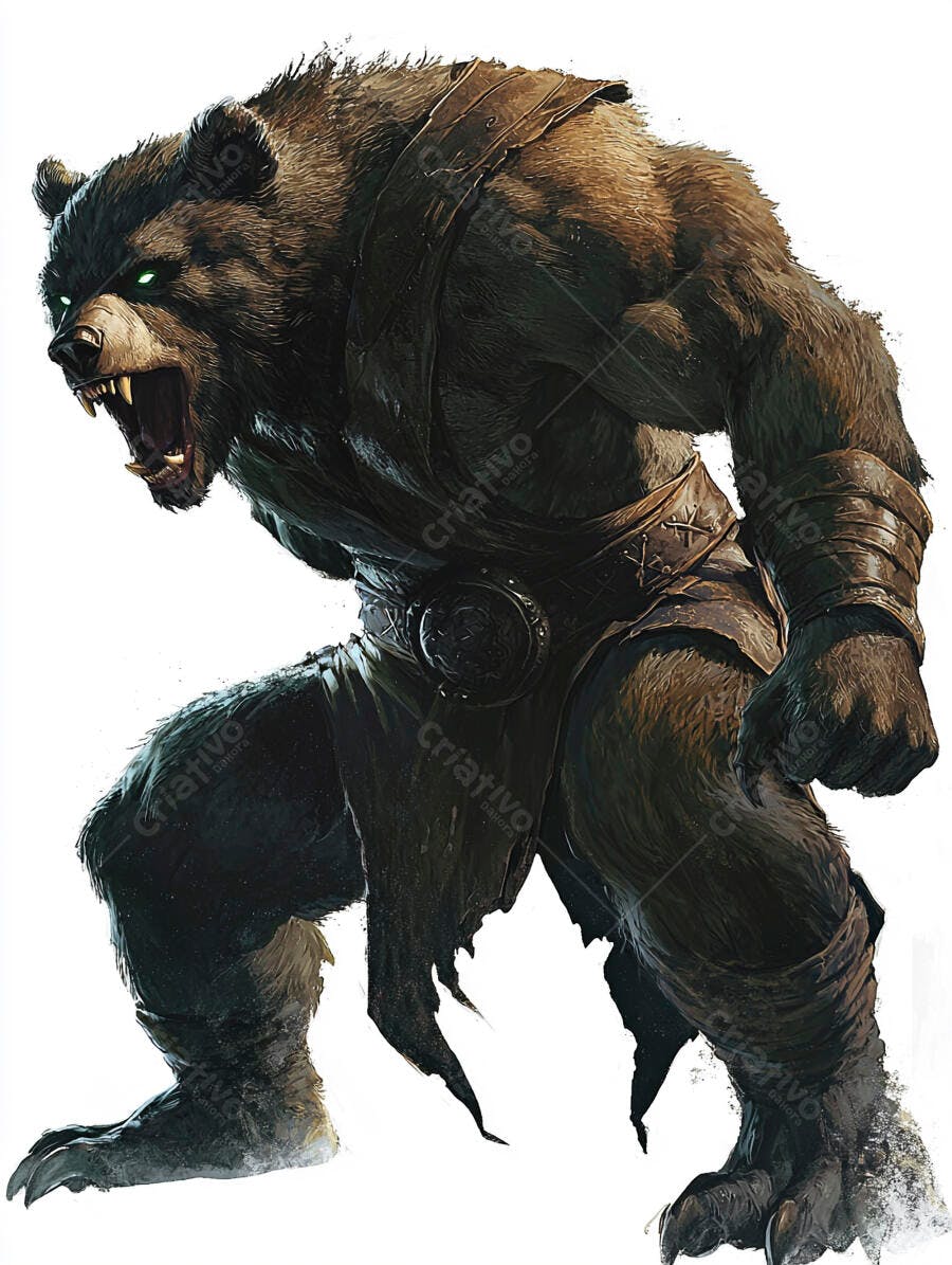 Urso guerreiro musculoso com olhos verdes brilhantes e armadura de couro
