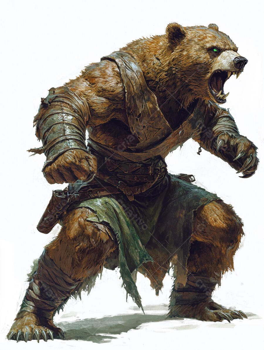 Homem urso guerreiro com olhos verdes rugindo em combate