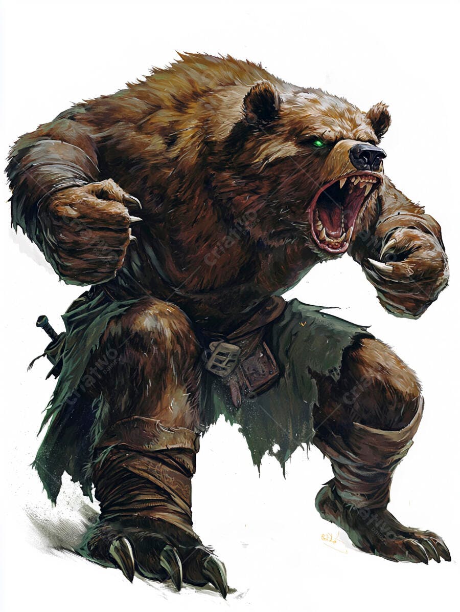 Urso guerreiro rugindo olhos verdes ilustração digital