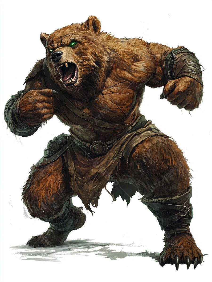 Urso guerreiro colossal com olhos verdes rosnando e armadura rústica