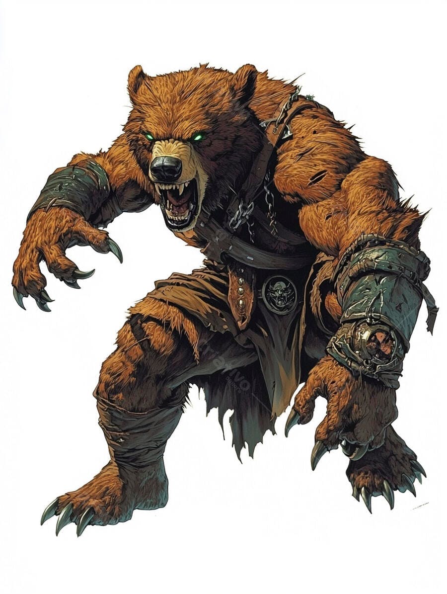 Urso guerreiro monstruoso com olhos verdes brilhantes e armadura