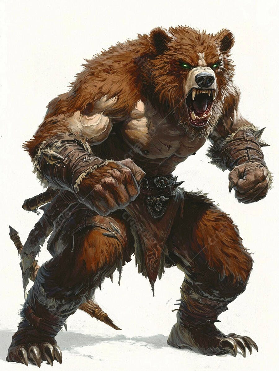 Urso guerreiro marrom com olhos verdes rugindo e armadura rústica