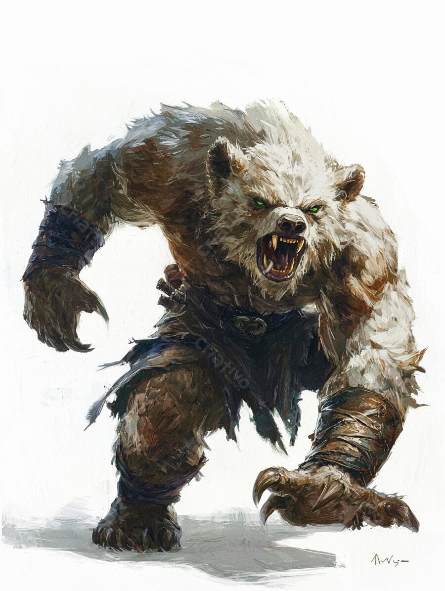 Criatura urso gigante de pelagem branca e olhos verdes rosnando ferozmente