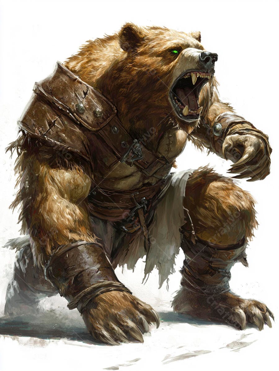 Urso guerreiro pardo antropomórfico rugindo em armadura de couro