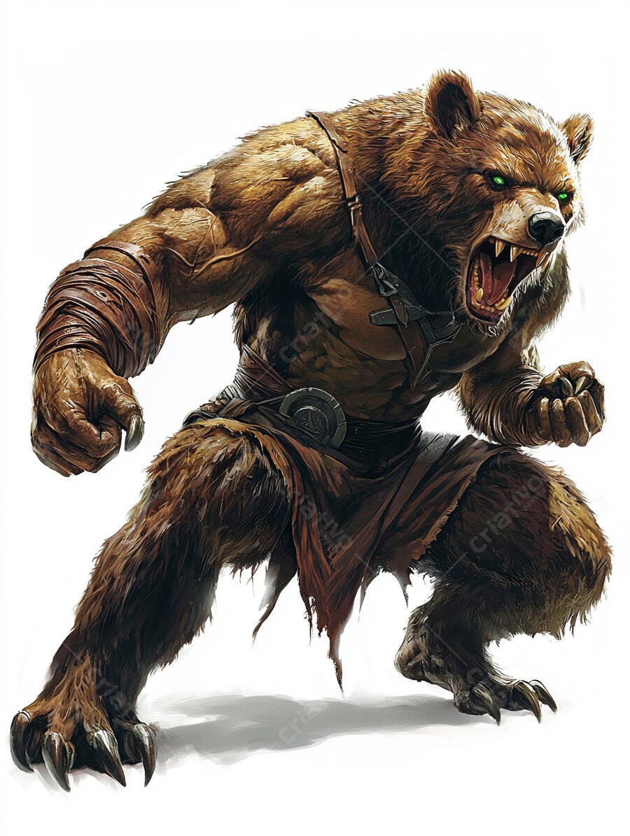 Urso guerreiro musculoso marrom com olhos verdes rosnando em pose de ataque