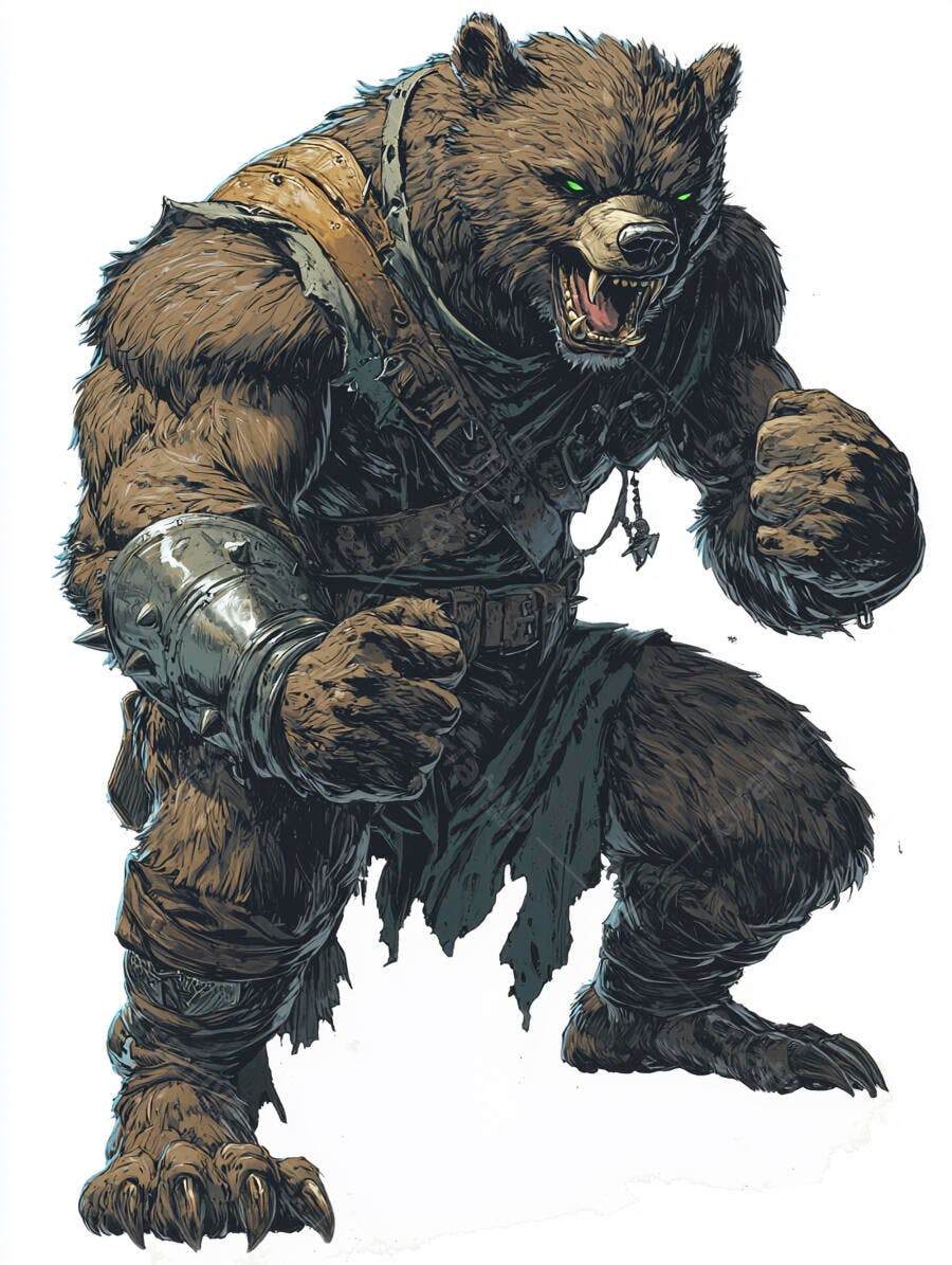 Urso guerreiro marrom musculoso rugindo com olhos verdes brilhantes