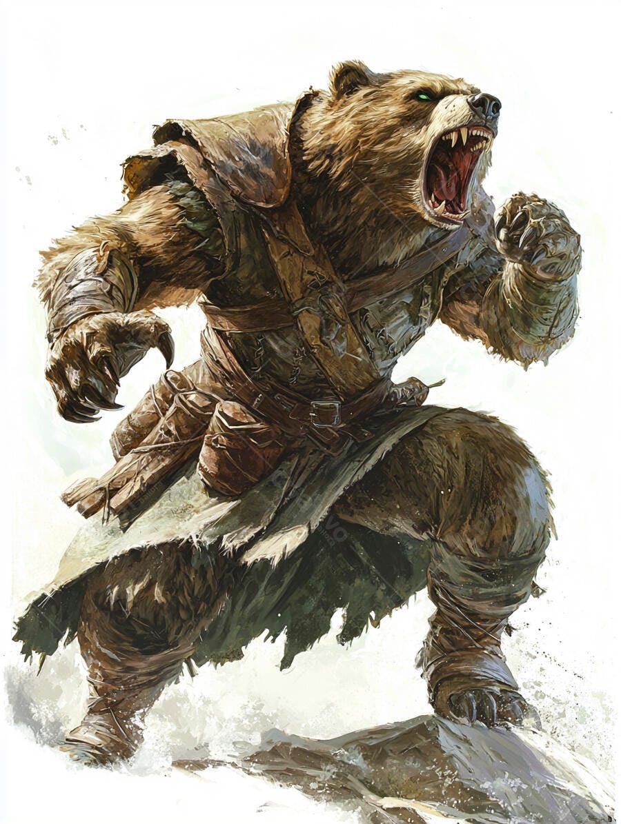 Urso guerreiro rugindo com armadura de couro e olhos verdes