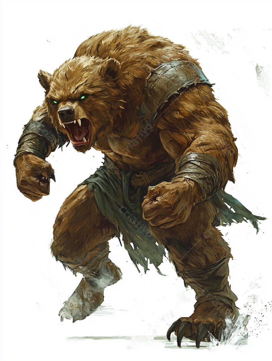 Criatura urso homem marrom com olhos verdes brilhantes e armadura rasgada