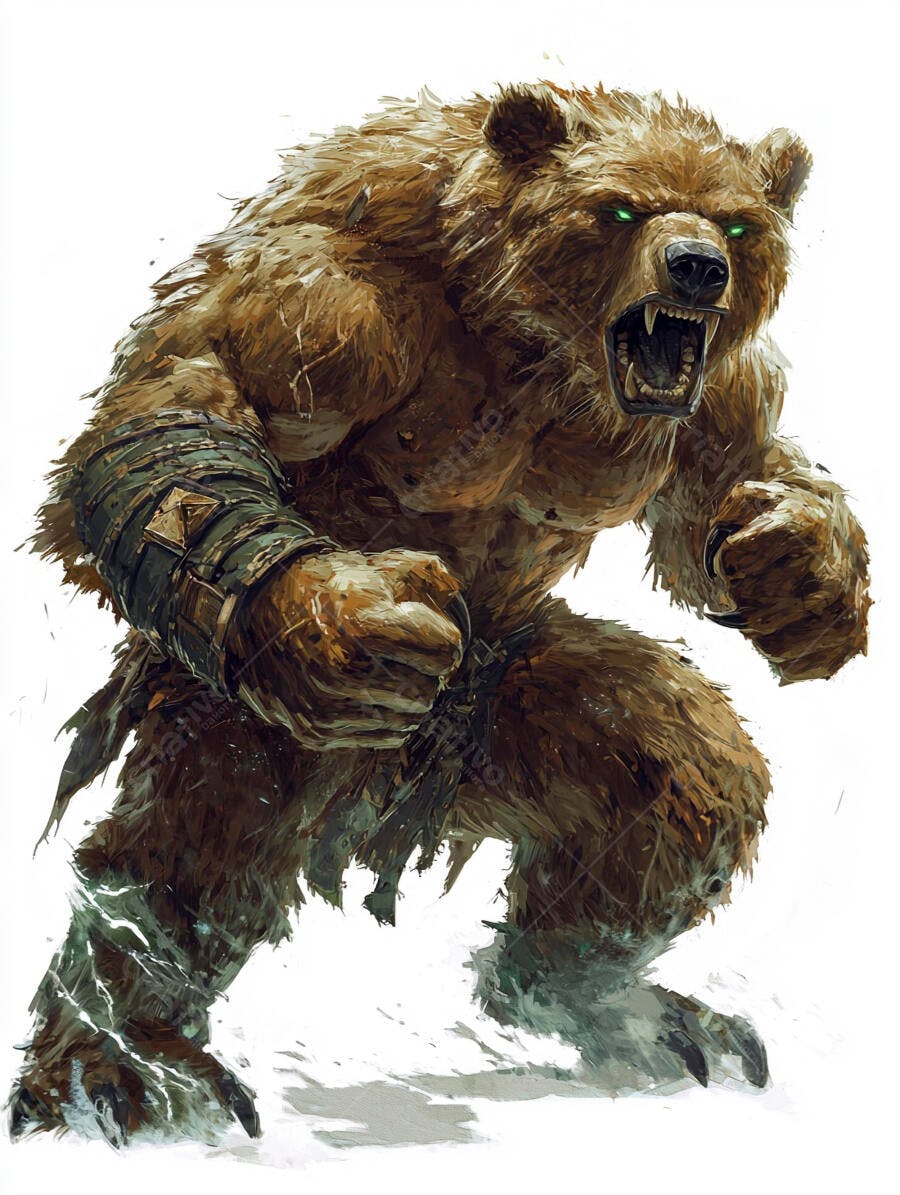 Homem-urso guerreiro fantasiado rugindo olhos verdes brilhantes