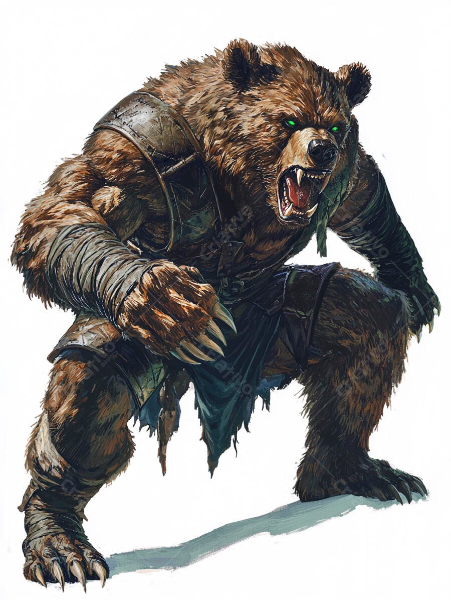 Homem-urso guerreiro furioso com armadura e olhos verdes brilhantes