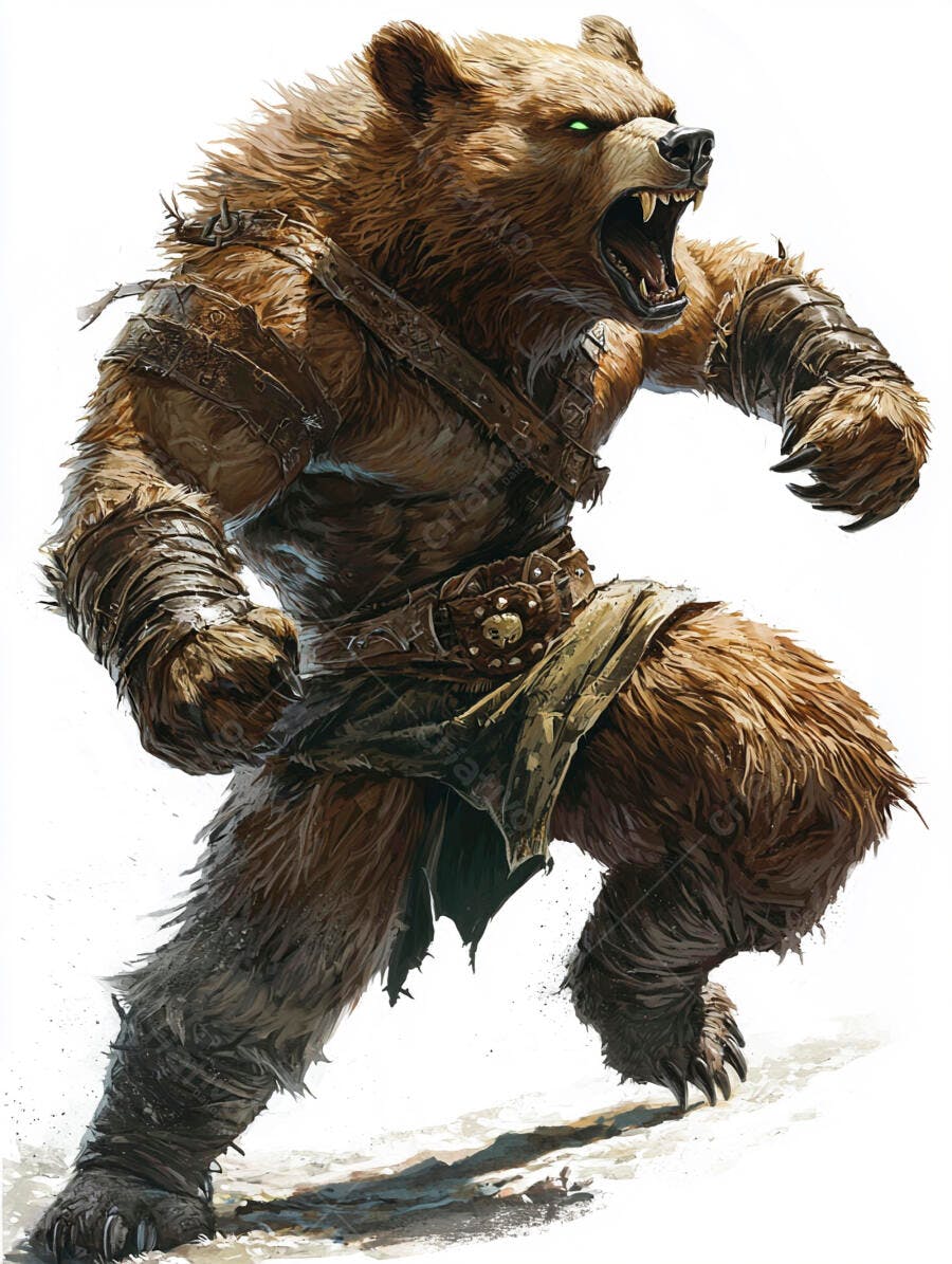 Urso guerreiro musculoso com olhos verdes brilhantes e armadura de couro rugindo