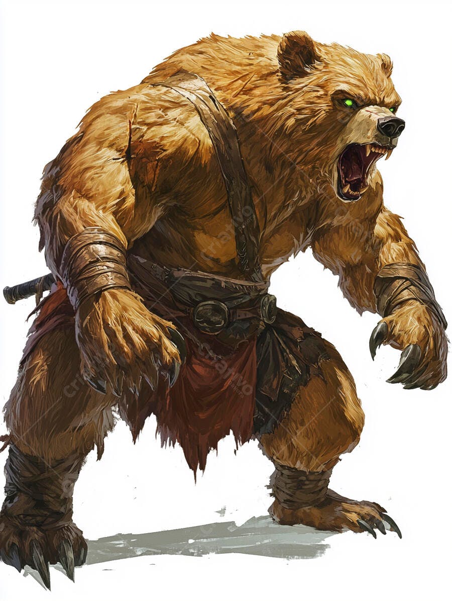 Urso guerreiro bípede musculoso com olhos verdes brilhantes e armadura tribal