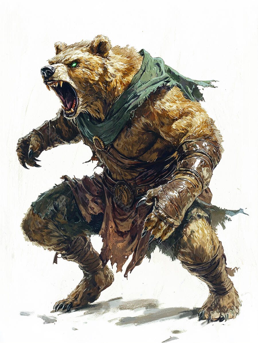 Urso guerreiro antropomórfico rosnando com olhos verdes brilhantes e armadura