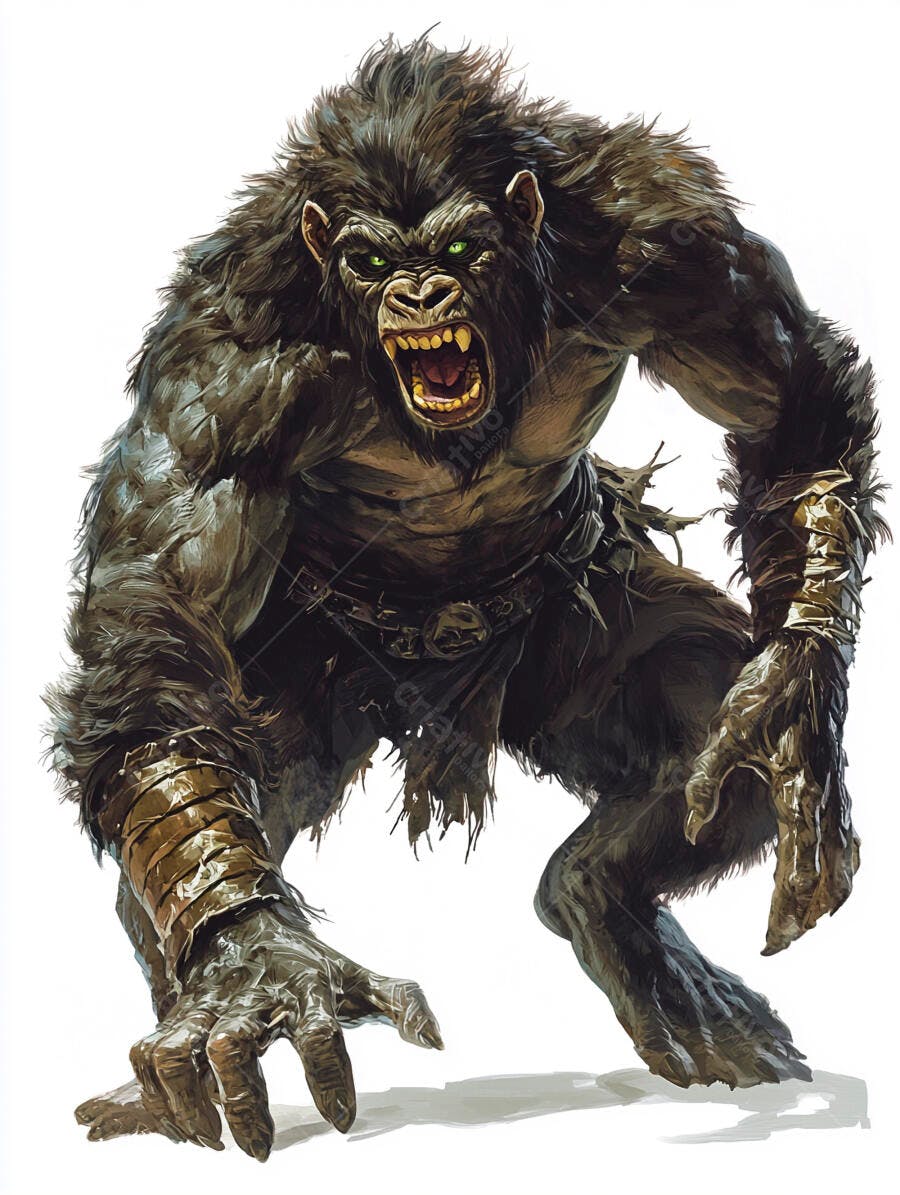 Gorila monstro peludo agressivo rugindo com olhos verdes brilhantes
