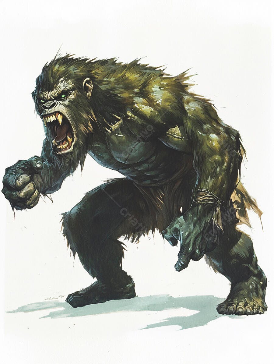 Monstro gorila verde furioso rugindo com olhos brilhantes