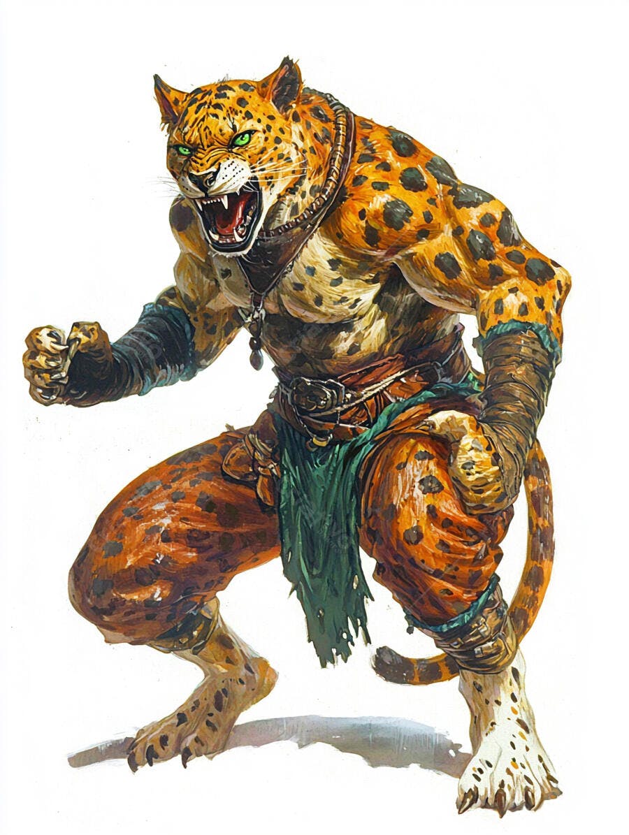 Guerreiro leopardo musculoso olhos verdes brilhantes com postura agressiva e pele manchada