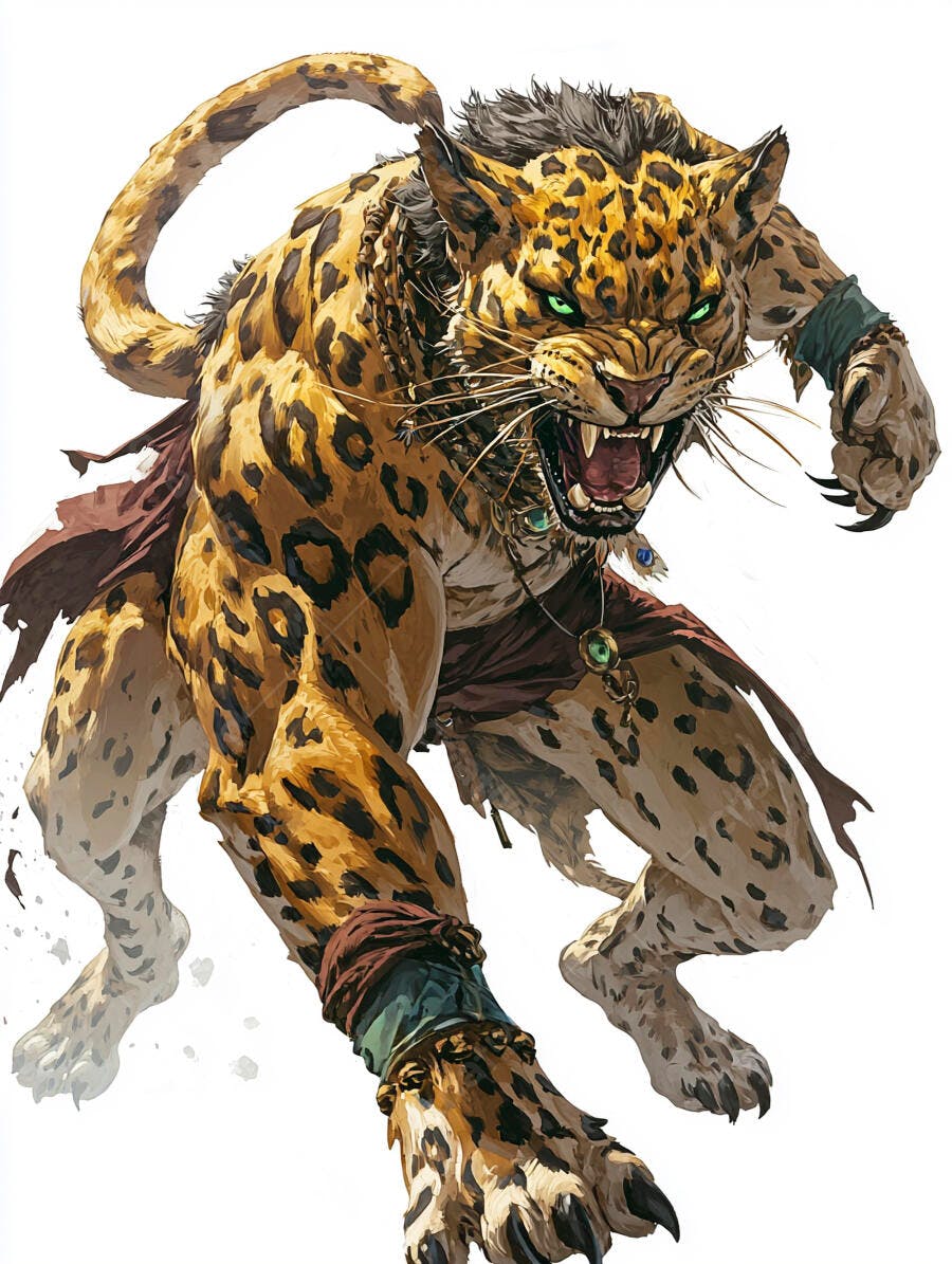 Guerreiro jaguar antropomórfico feroz rugindo com olhos verdes