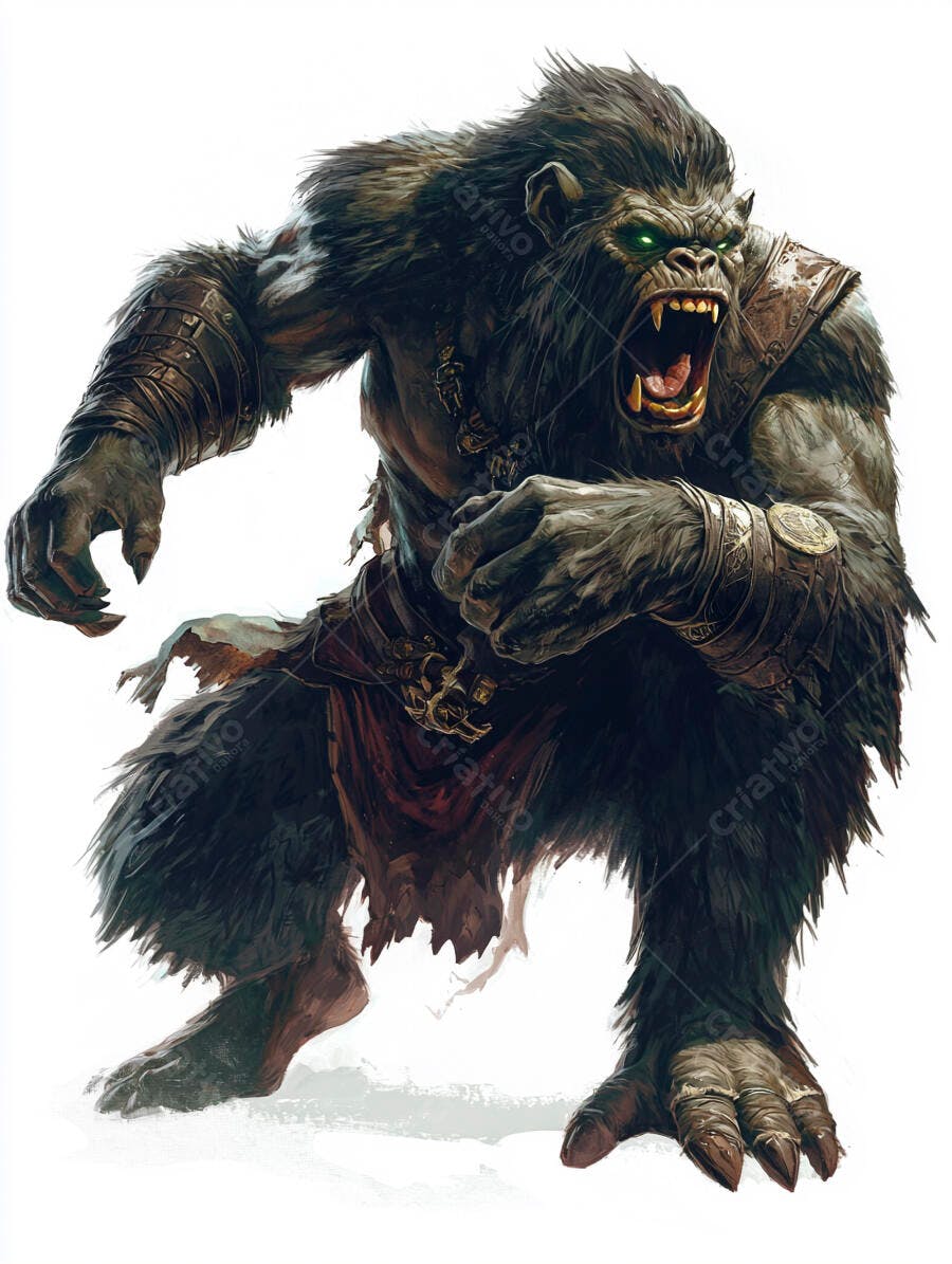 Gorila monstro agressivo com olhos verdes brilhantes e armadura