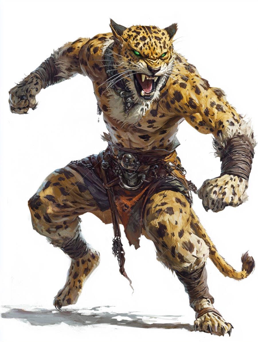 Guerreiro jaguar tribal rosnando com olhos verdes vibrantes pronto para batalha