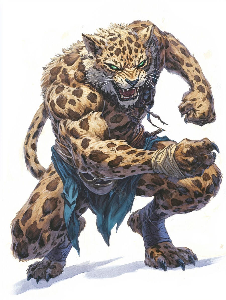 Homem leopardo guerreiro musculoso com olhos verdes furiosos