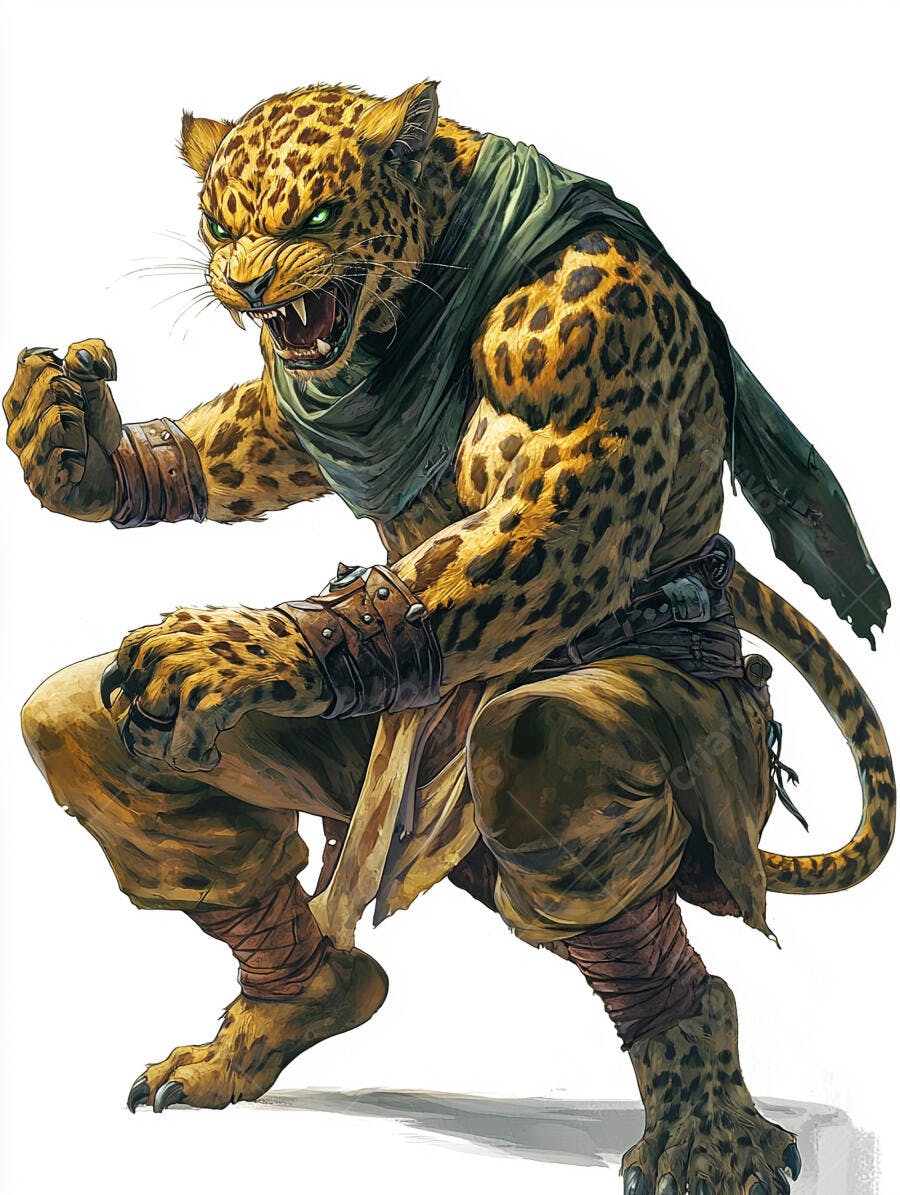 Leopardo guerreiro humanoide agressivo com olhos verdes brilhantes e vestes rústicas