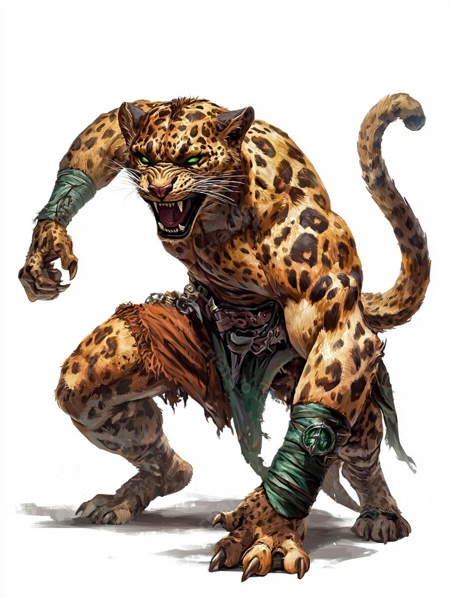 Guerreiro homem leopardo pronto para atacar com olhos verdes brilhantes