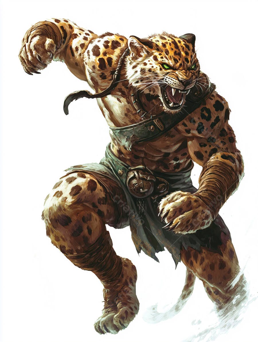 Guerreiro leopardo musculoso atacando com olhos verdes em fúria ilustração fantástica