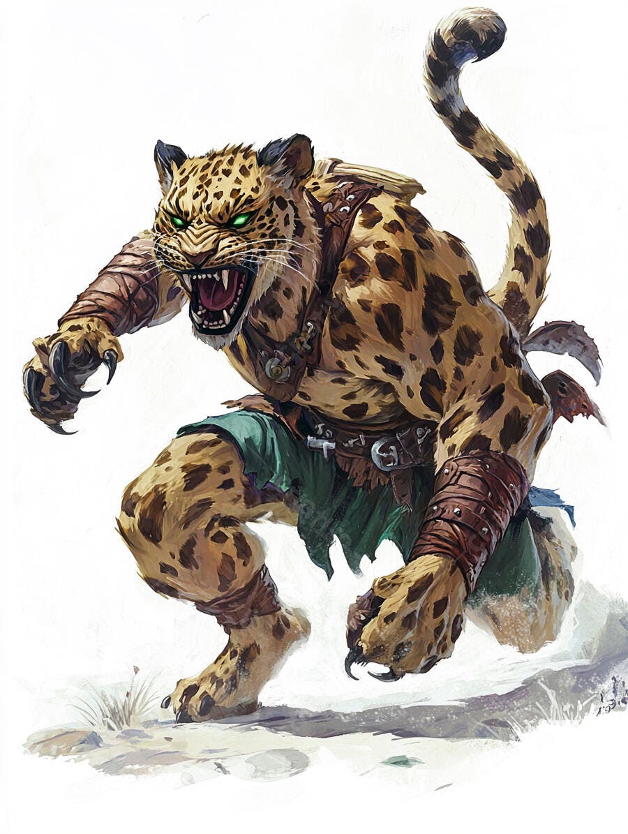 Guerreiro felino antropomórfico marrom com olhos verdes e garras afiadas rosnando