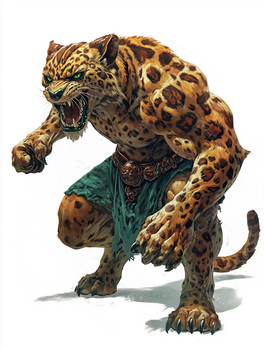 Guerreiro felino musculoso rosnando com olhos verdes vibrantes