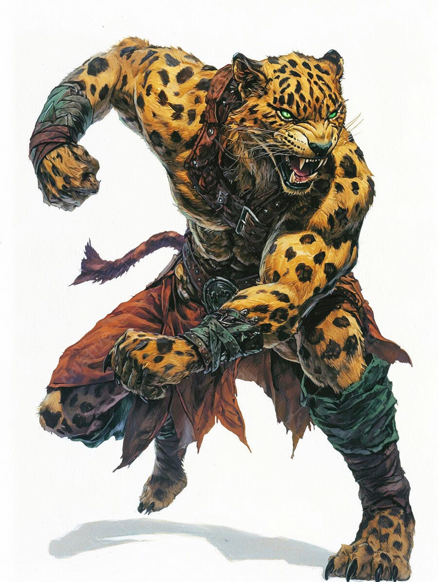 Leopardo guerreiro antropomórfico rugindo em pose de ataque olhos verdes