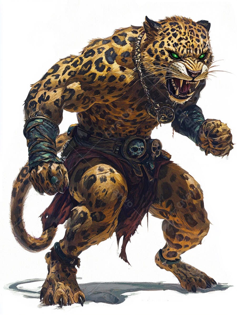 Jaguar guerreiro antropomórfico musculoso olhos verdes rosnando arte digital