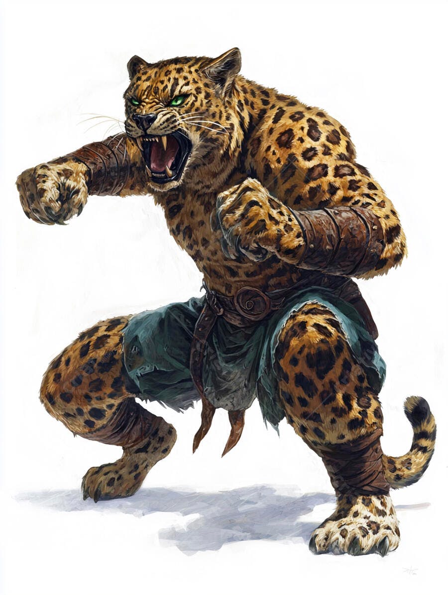 Guerreiro leopardo antropomórfico rugindo em pose de combate feroz