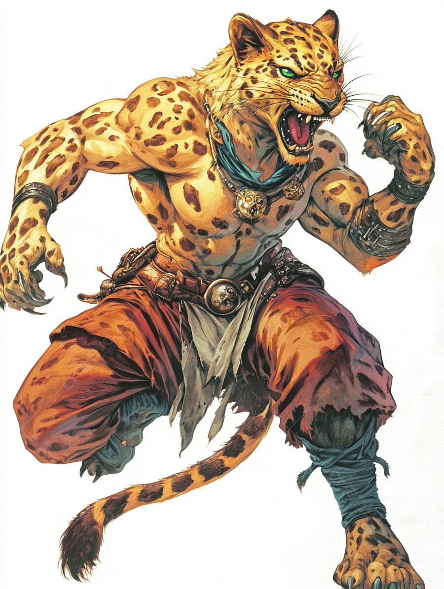 Guerreiro leopardo antropomórfico feroz com olhos verdes e roupa tribal