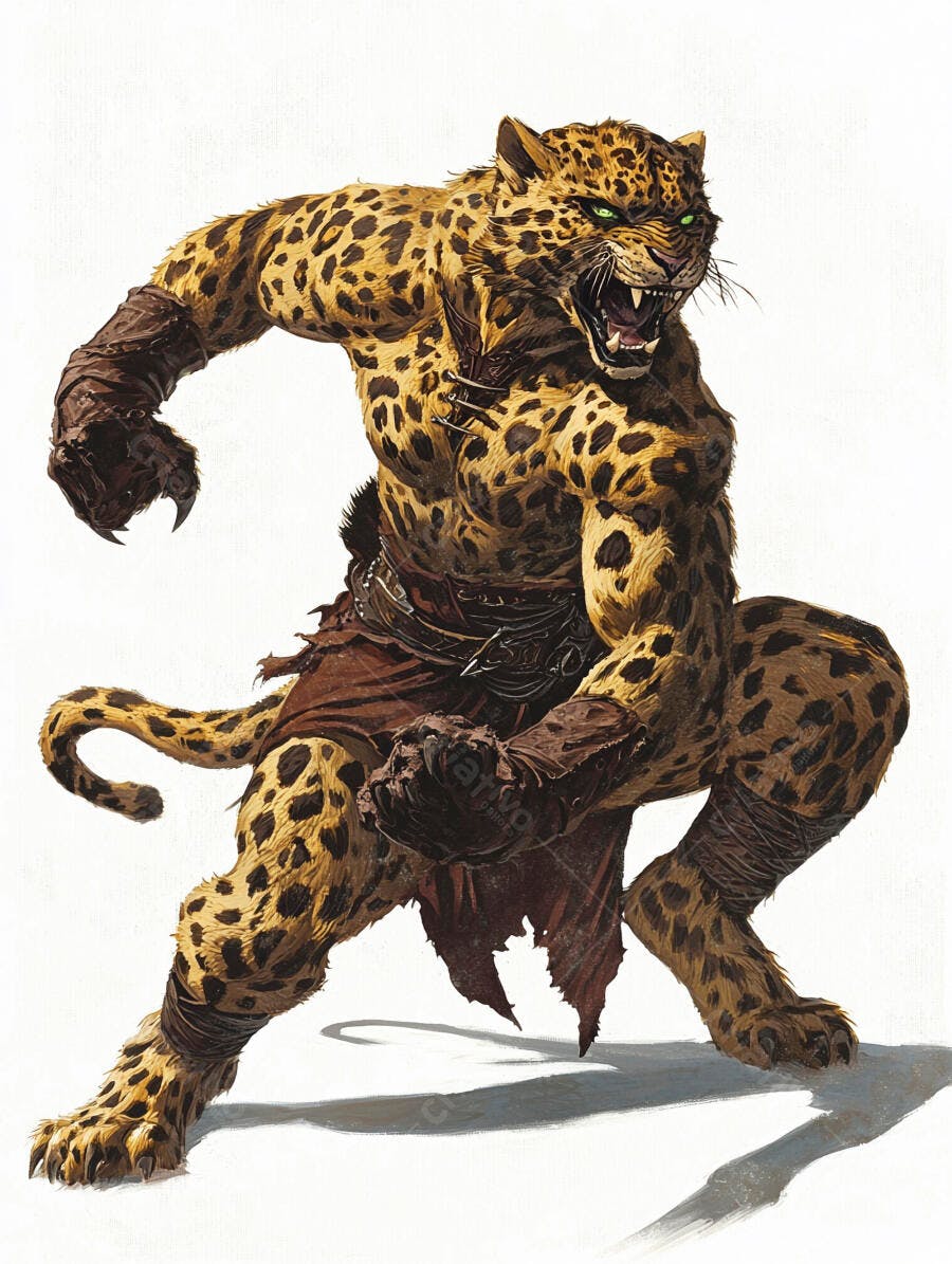 Guerreiro leopardo antropomórfico musculoso rosnando com olhos verdes brilhantes