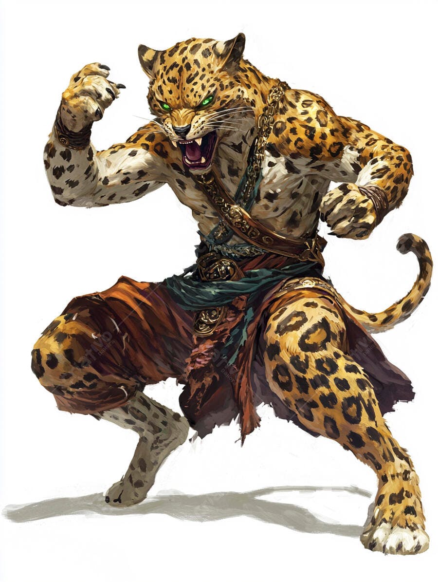 Leopardo guerreiro com olhos verdes e roupa tribal em pose de combate feroz