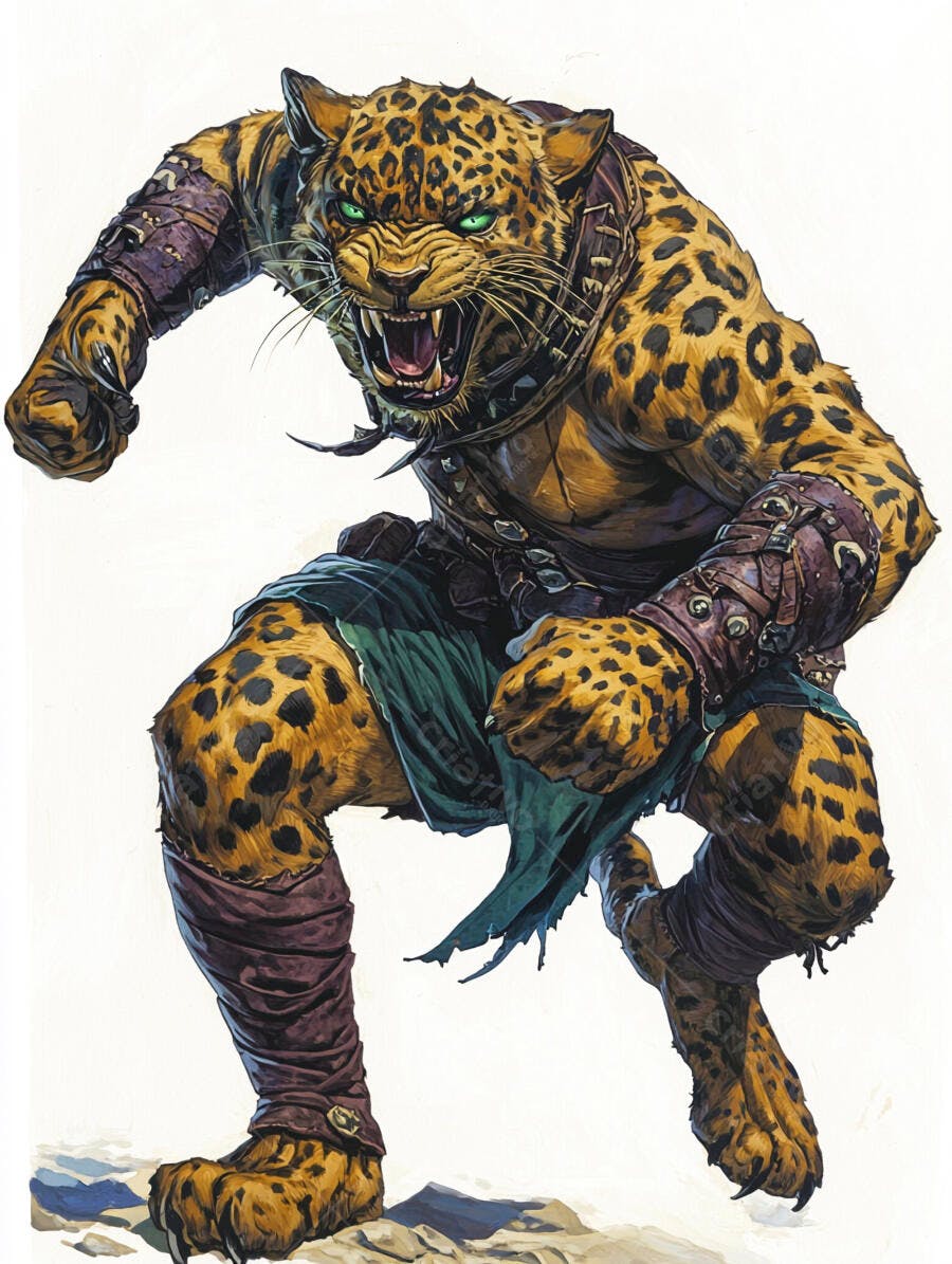 Homem-leopardo guerreiro com olhos verdes e armadura tribal agressivo