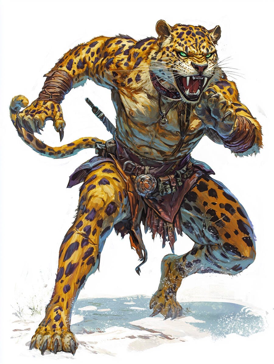 Leopardo humanoide guerreiro rosnando com olhos verdes em ataque