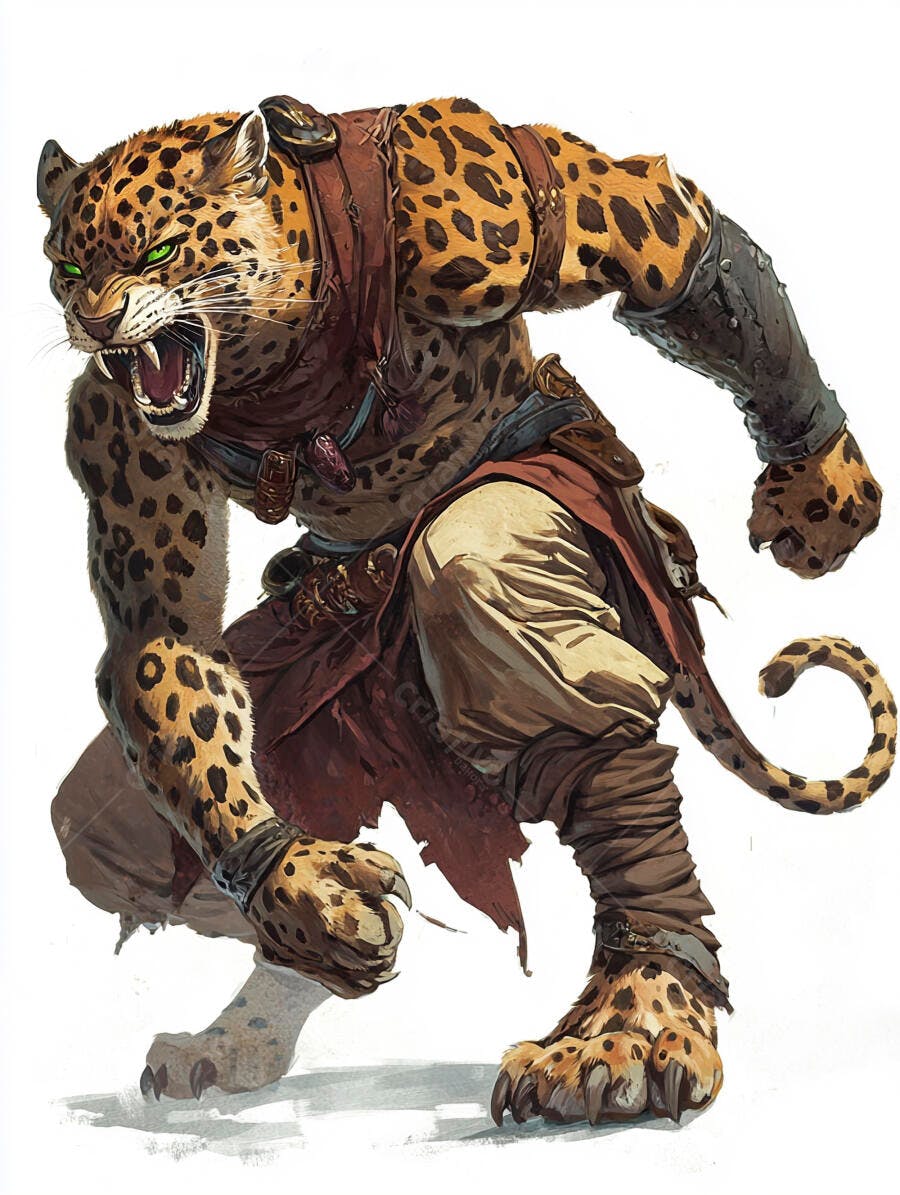 Jaguar guerreiro antropomórfico rosnando com olhos verdes vibrantes
