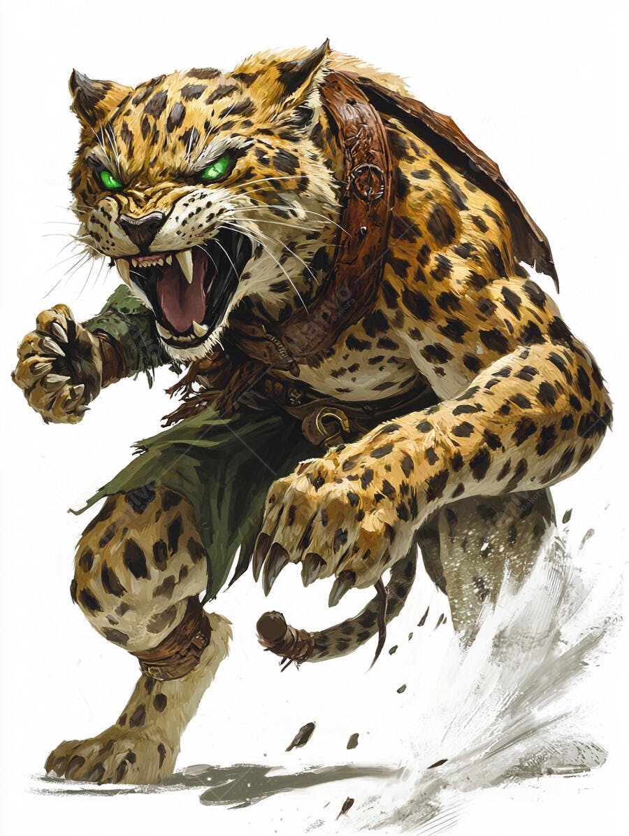 Leopardo guerreiro feroz olhos verdes rugindo em ataque