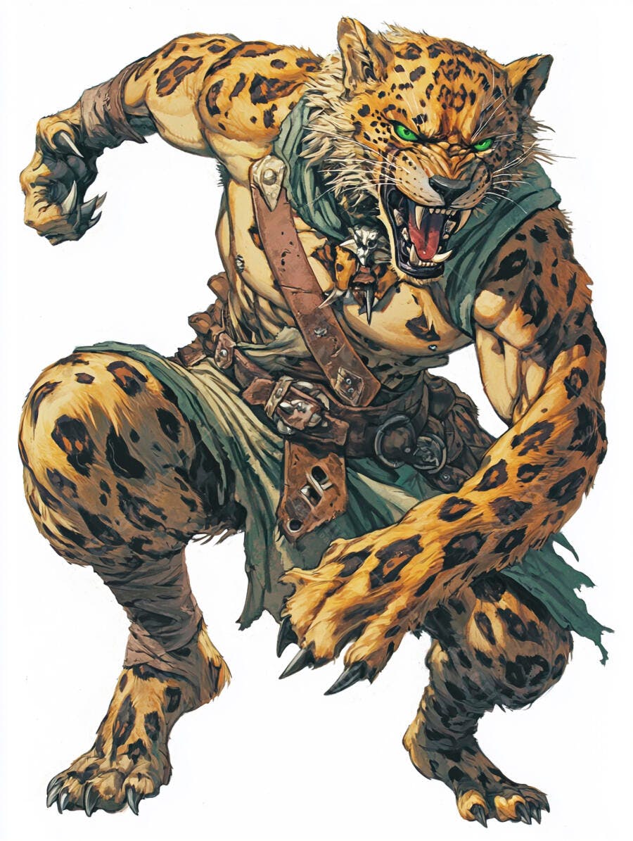 Homem-leopardo musculoso com olhos verdes e garras afiadas rugindo