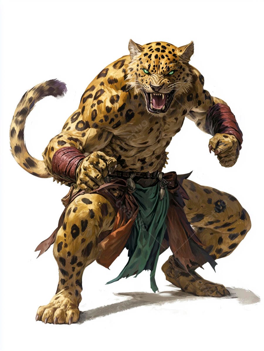 Homem-leopardo guerreiro rugindo em posição de ataque com olhos verdes