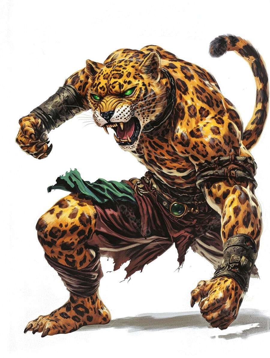 Homem-jaguar feroz com olhos verdes brilhantes em pose de ataque arte fantasia
