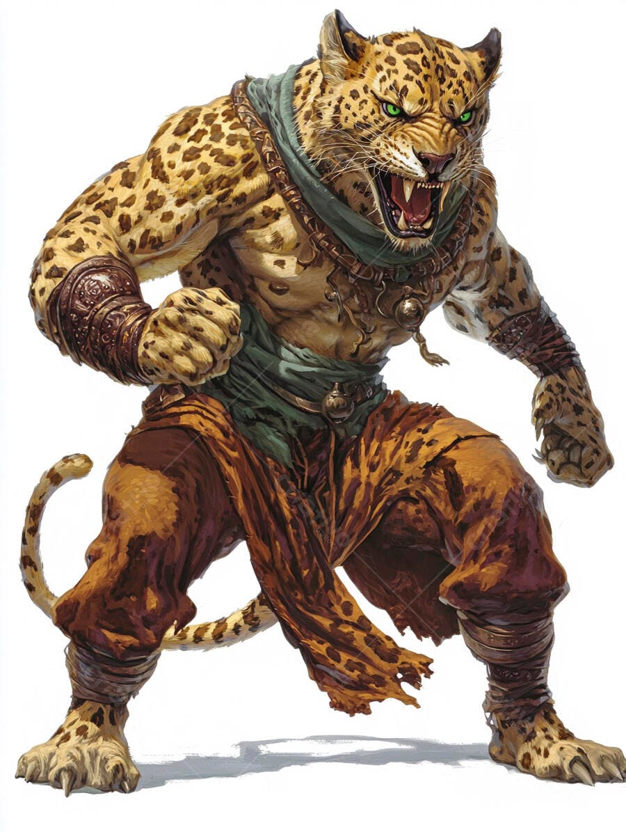 Guerreiro leopardo antropomórfico rugindo em pose de batalha com olhos verdes