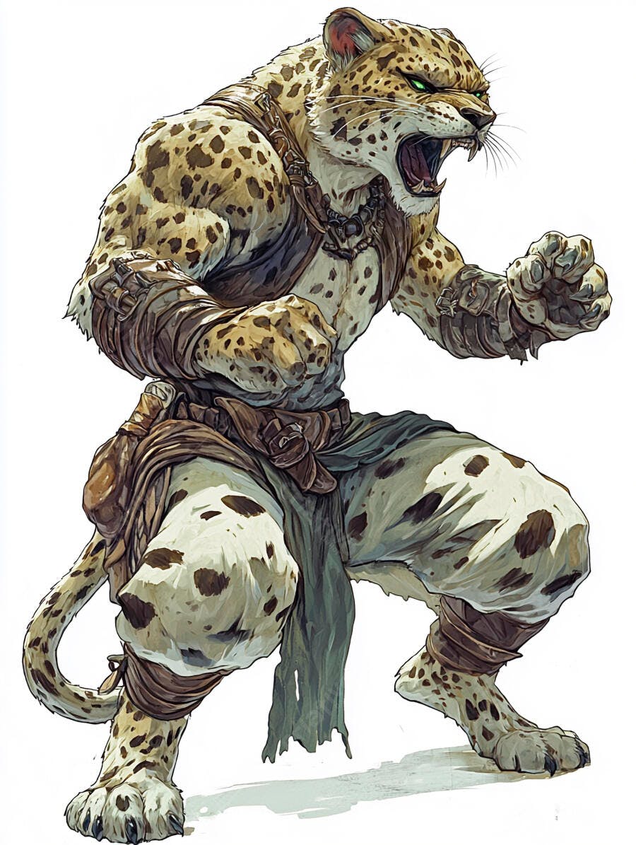 Guerreiro leopardo antropomórfico olhos verdes musculoso em pose de ataque