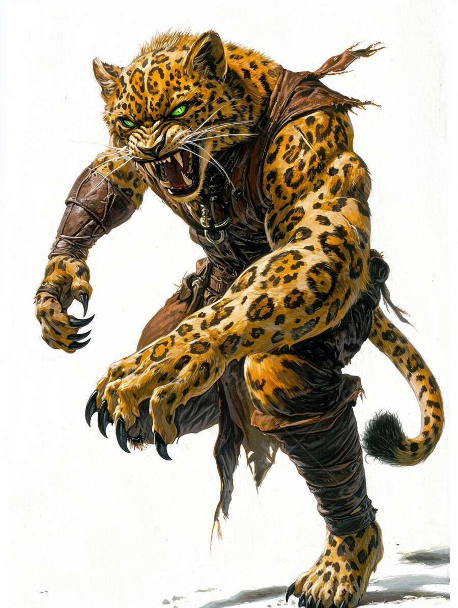 Criatura homem-leopardo feroz rosnando olhos verdes brilhantes armadura marrom