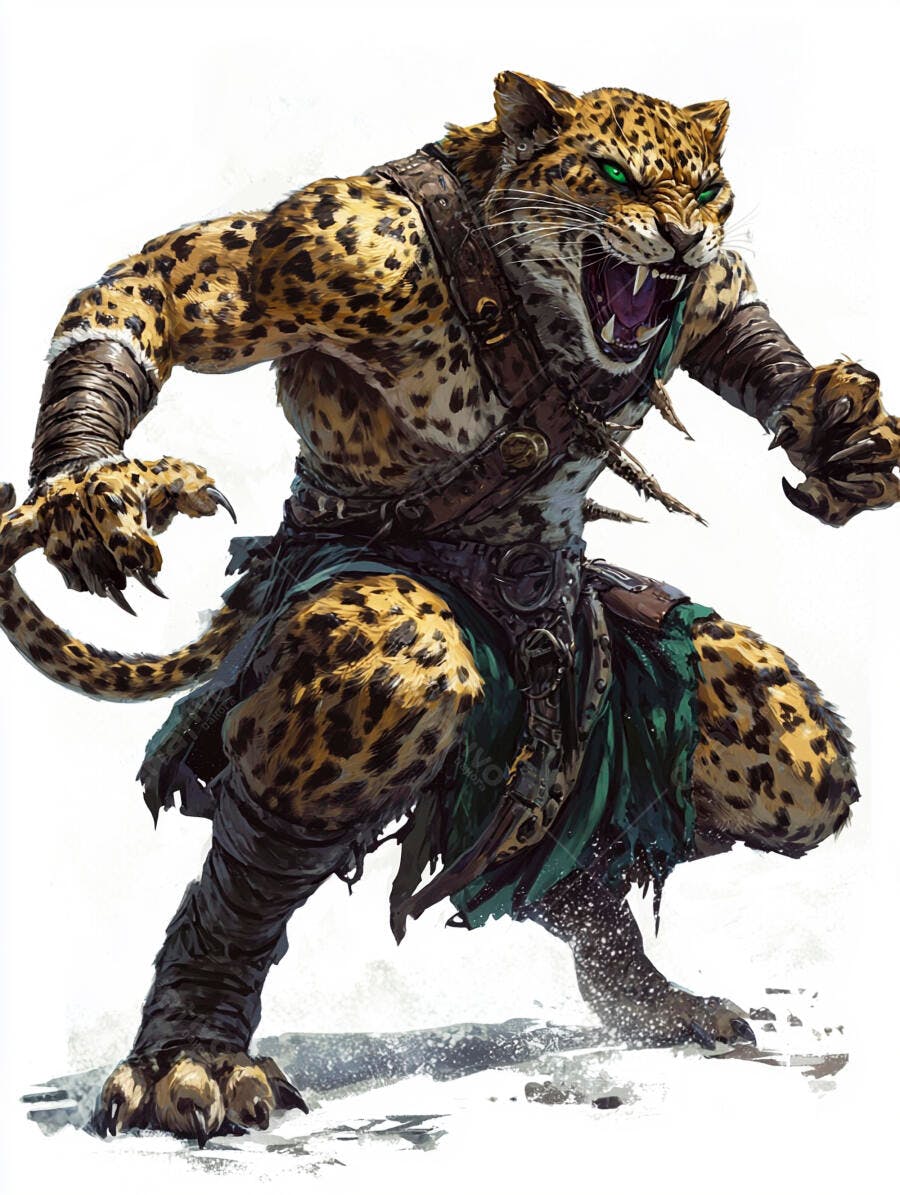 Homem leopardo guerreiro furioso com olhos verdes em pose de ataque na neve