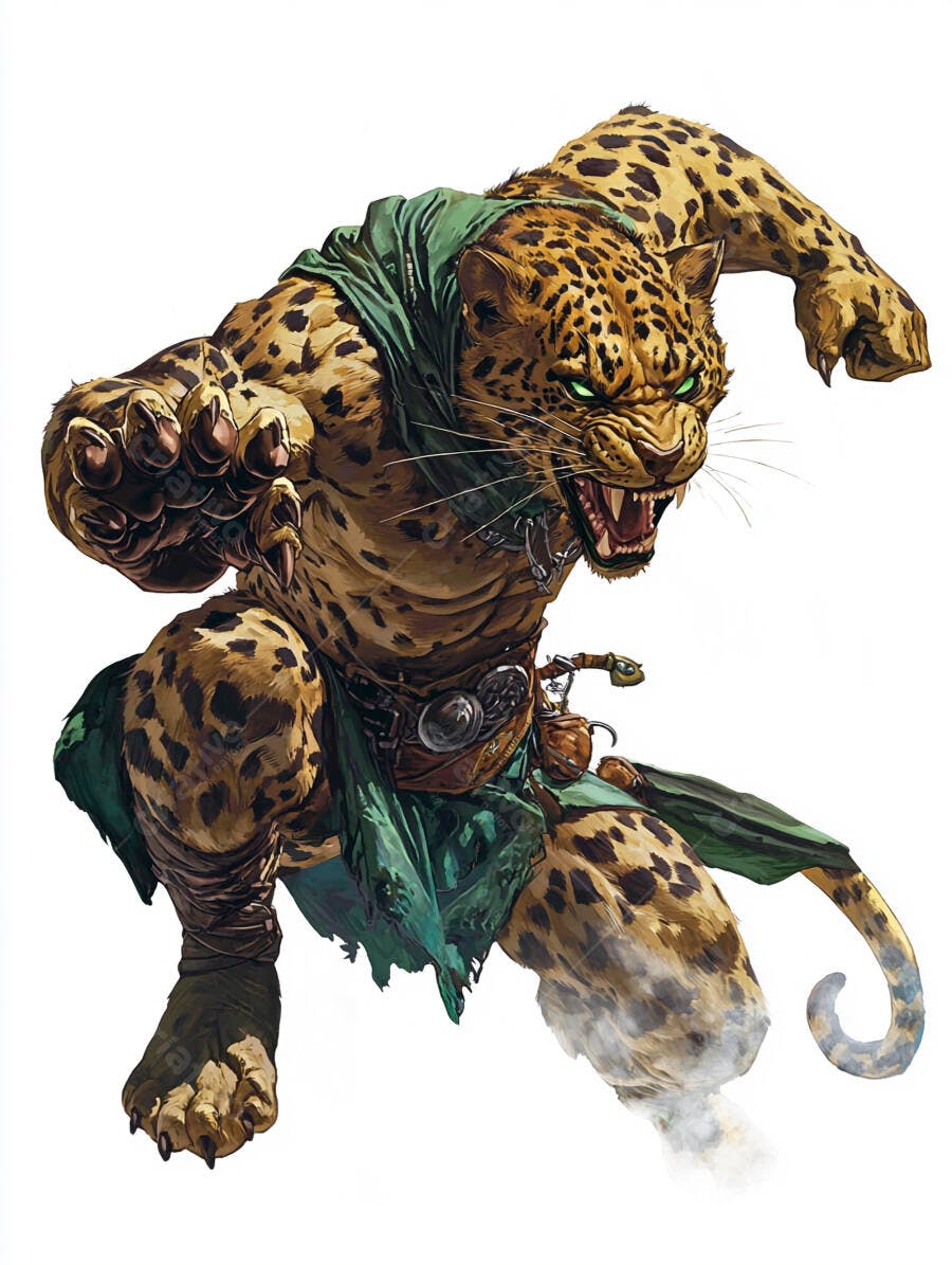 Leopardo antropomórfico guerreiro atacando com olhos verdes brilhantes
