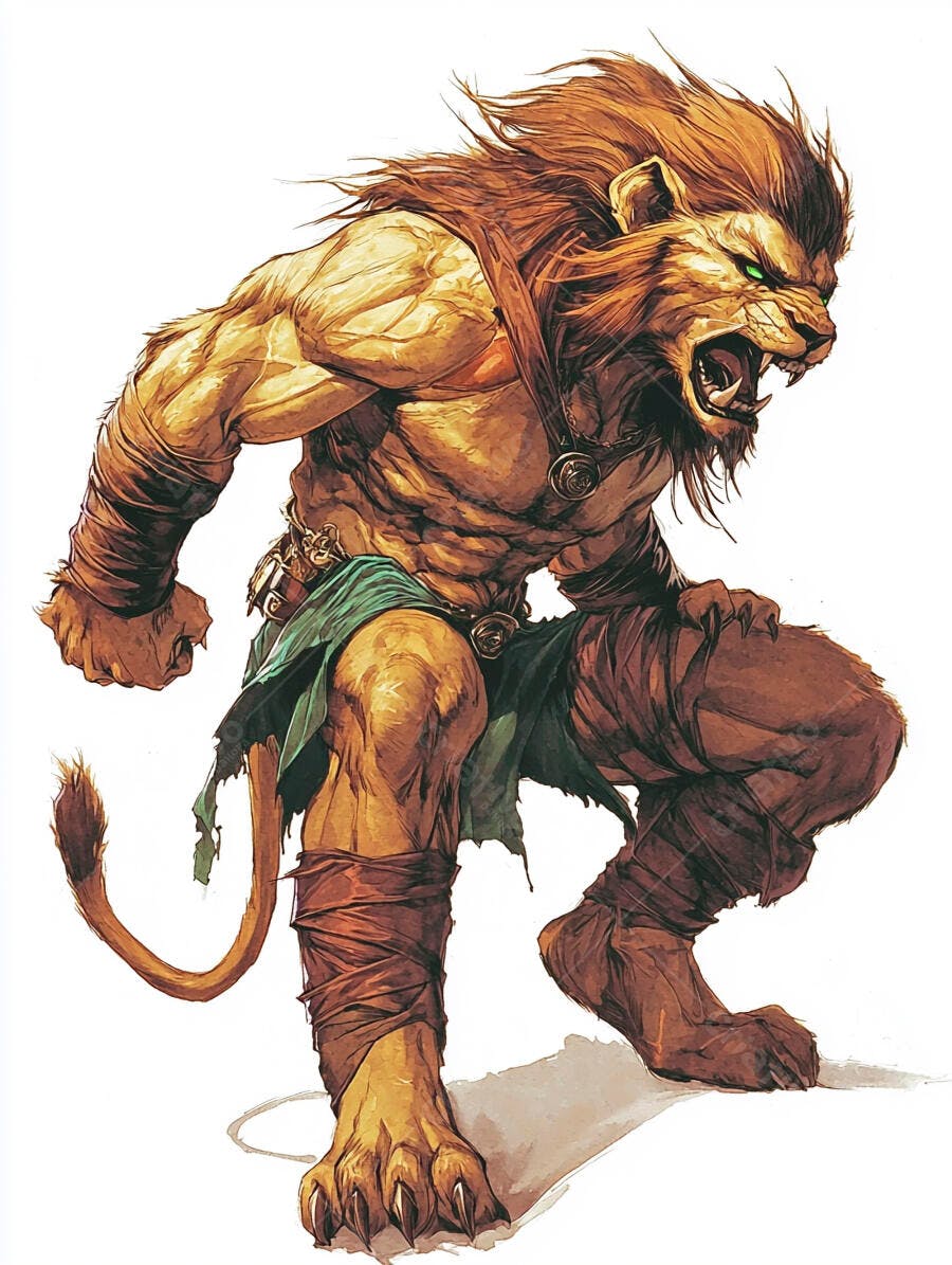 Leonin musculoso com juba marrom e olhos verdes rosnando